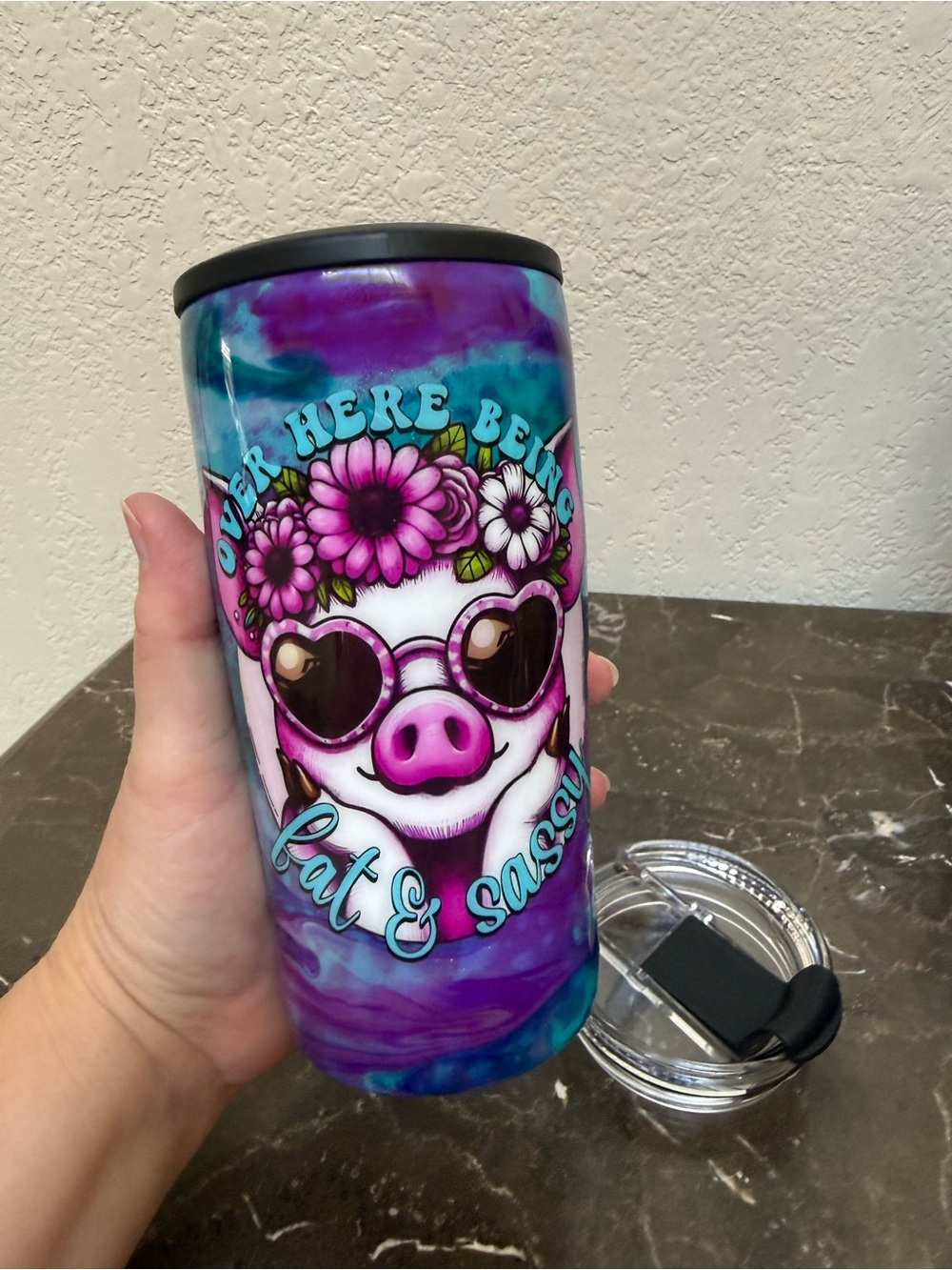 Fat Sassy Boujie Pig Teal Marble Glitter 4in1 Can Cooler Convertible Tumbler Cup